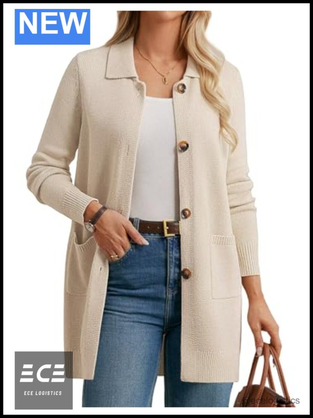 Long Button Cardigan Sweater with Pockets Lightweight Acrylic Blend